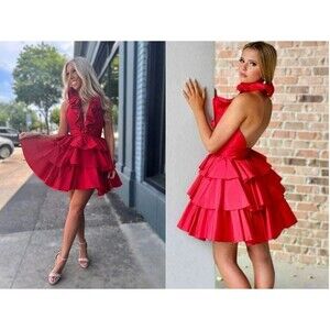 Kissprom Sz 8 Red Satin A-Line Deep V-Neck Short Ruffled IRISIA Homecoming Dress